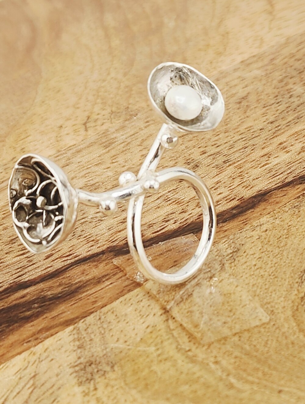 UNIQUE 2 FLOWER POT RING HANDMADE WITH STERLING SILVER AN A PEARL SIZE 8 - Picture 8 of 16